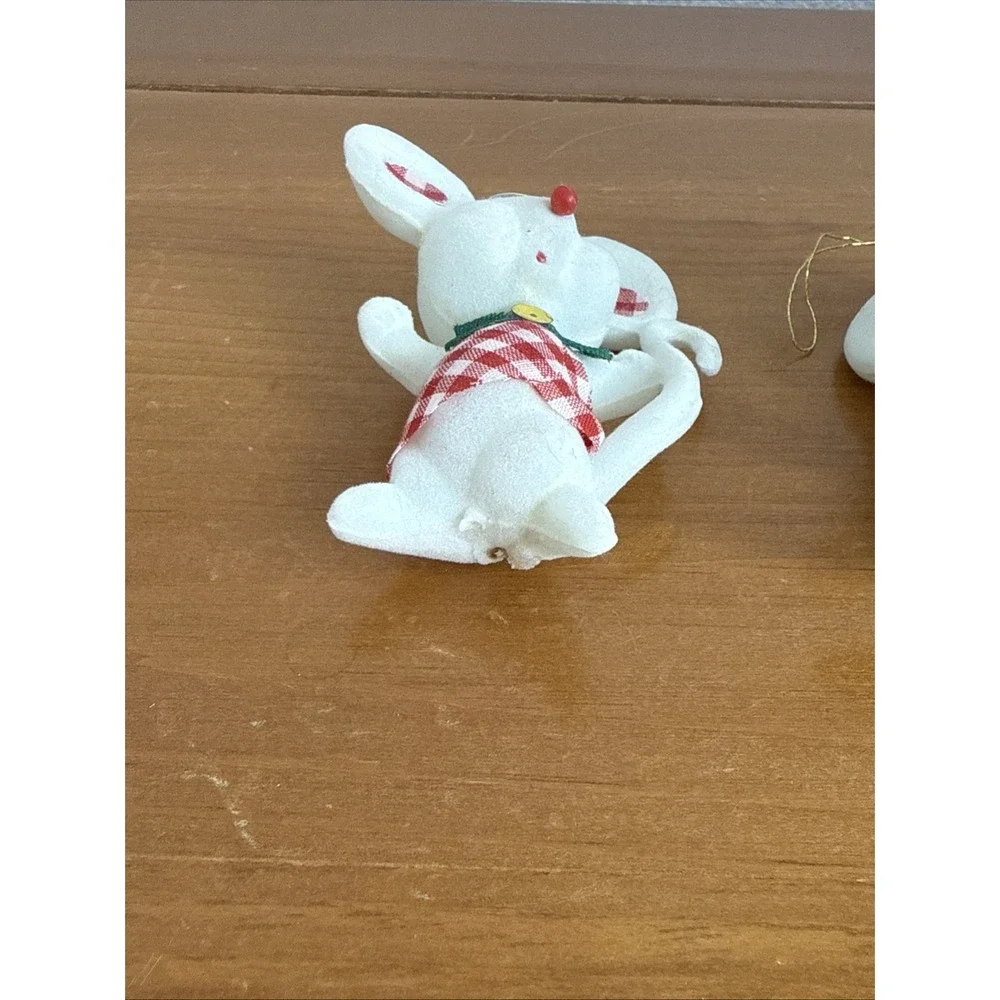Pair Vintage Flocked White Christmas Mouse Ornaments Kitsch MCM